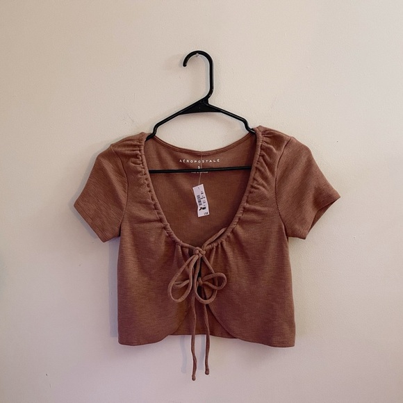 Aeropostale Women's Tan Tie-Front Ribbed Knit Crop Blouse Mocha Mousse Fall Boho - Picture 4 of 4